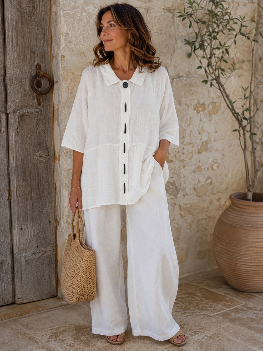 Habitat White Textured Oversized Tunic Shirt Lagenlook Artsy Minimalist XL
